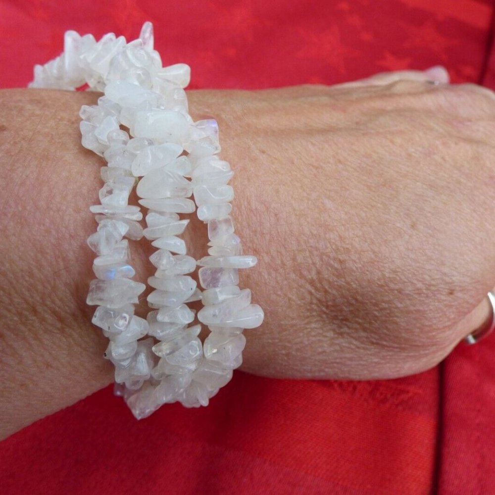 380CTS RAINBOW MOONSTONE 925 3 ROW NUGGET NECKLACE & TWISTED STRETCH BRACELET - Picture 7 of 9